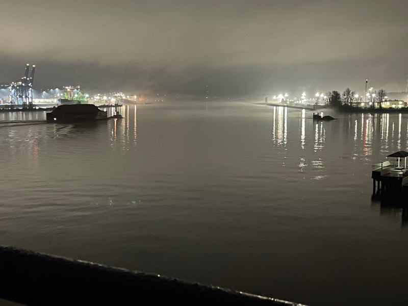 Bottoscon 2024 - Foggy night looking off of balcony over the Fraser River